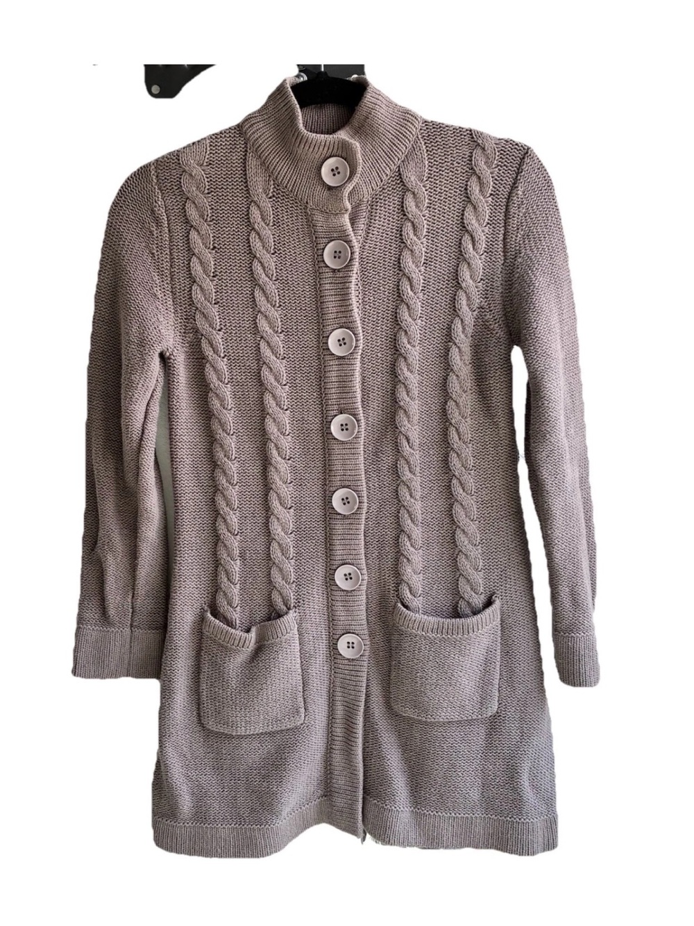 Chadwick’s of Boston Button-Front Cable Knit Long Cardigan Sweater -Dusty Purple